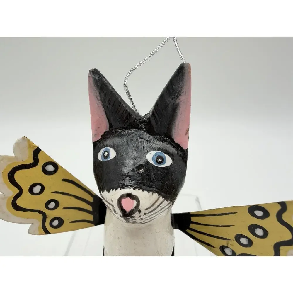 Wooden Hand Painted Angel Cat with Wings Shelf Sitter Ornament Figurine 5.5”